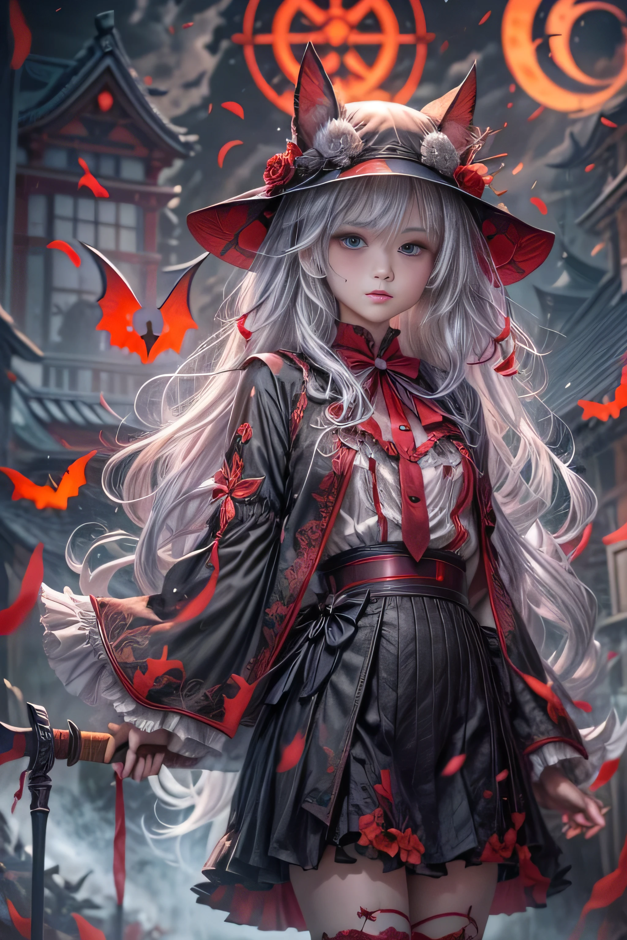 8k.Half Russian and half Japanese、Russian face、beautiful girl、princess、、Small face、Young face、Big eyes、Skinny、Small breasts、(((Silver Hair、Silver Hair)))、With bangs、(((High resolution big beautiful light blue eyes, )))、Long Straight、(((Red ribbon in hair、Floral decoration)))、Partially braided、Japanese school uniform、Gray school uniform、Red bow tie、A girl surrounded by fantastic red flames,(Girl with big bat wings)、2 people、twins、ヴァンパイアのprincess、(Sharp Fangs)(Blood dripping from fangs)、Red flame aura all over the body、((Destroyed Cross))、Open coffin、Control countless red balls of fire、、Halloween Costumes, Pointy hat、Decorated pumpkins with intricate haunted house motifs.black magic、magic circle、((Illuminated shadow of a bat on a cloud))、Old clock tower、fantasy landscape、A red light emanates from her chest and spreads through her veins、Red Flame Fantasy、Halloween Master、(((A glowing red cat with bat wings)))、2Animals、Swarm of bats、central、god々Successfully、Bloody、Horror