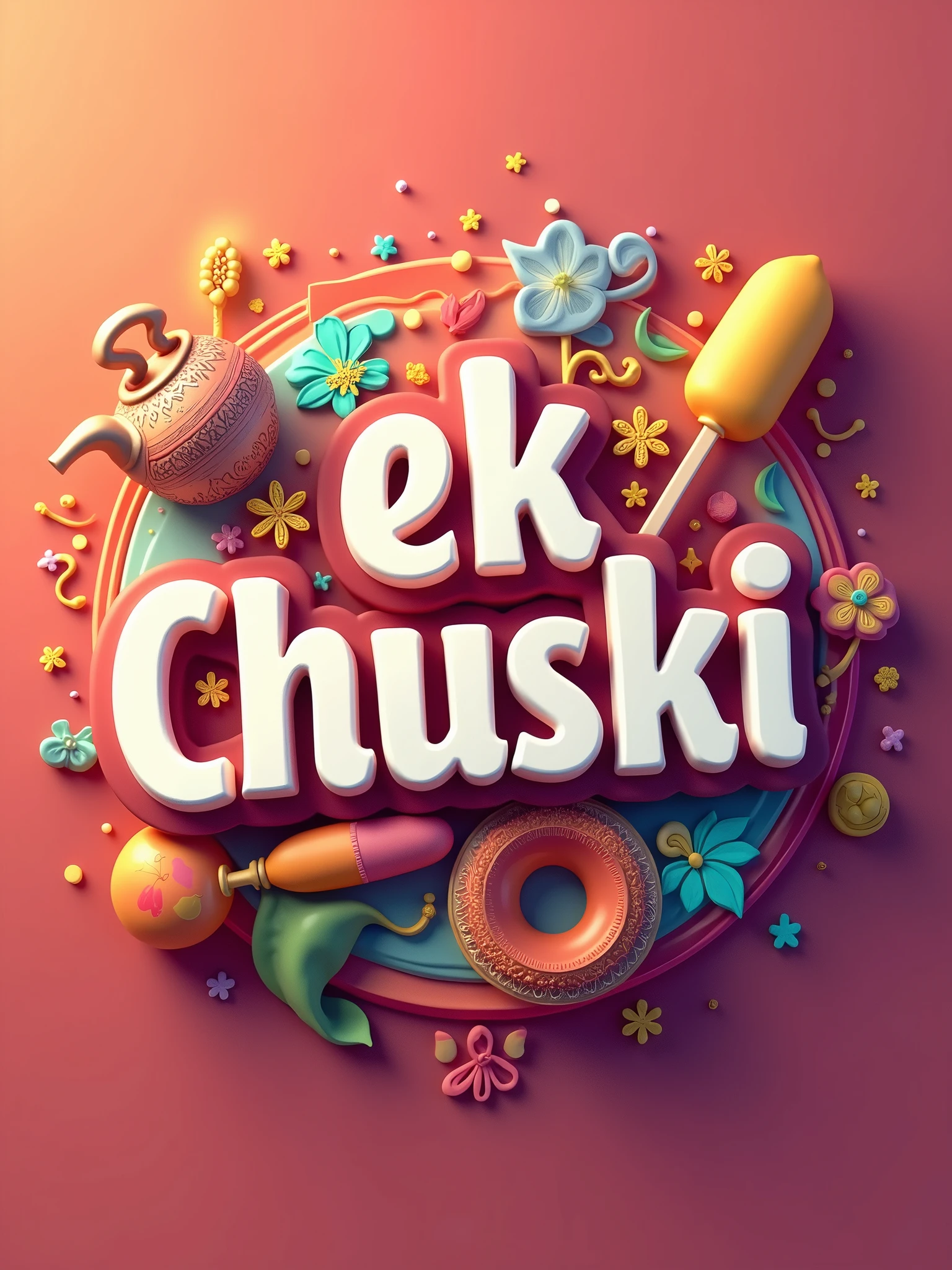 create a colorful 3D logo with the text "Ek Chuski" with infotainment elements like tea cup, ice candy, bollywood
