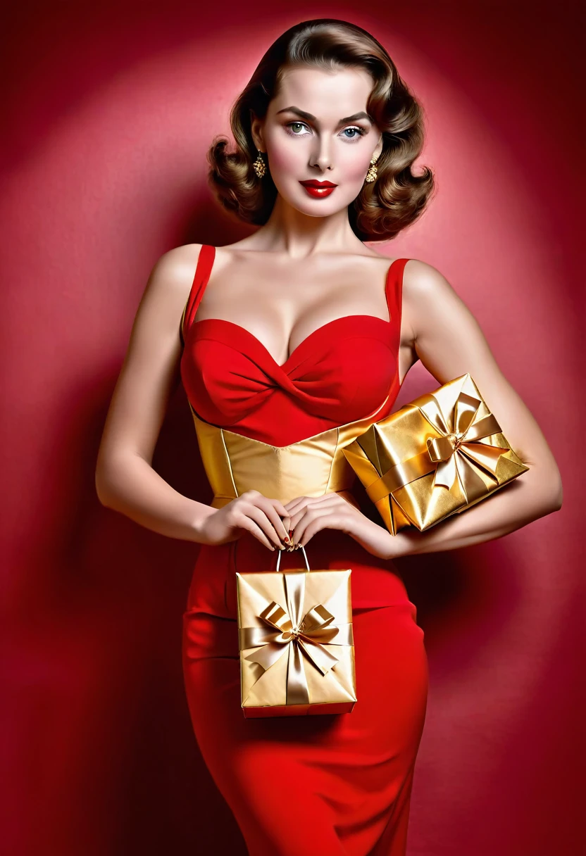 portrait of a beautiful sexy and sensual woman in a red dress, 1950s style, brown hair and eyes, holding a GOLDEN PACKAGE. She is wearing a very beautiful outfit, her face is elegant and she is young, Cute Breasts.
