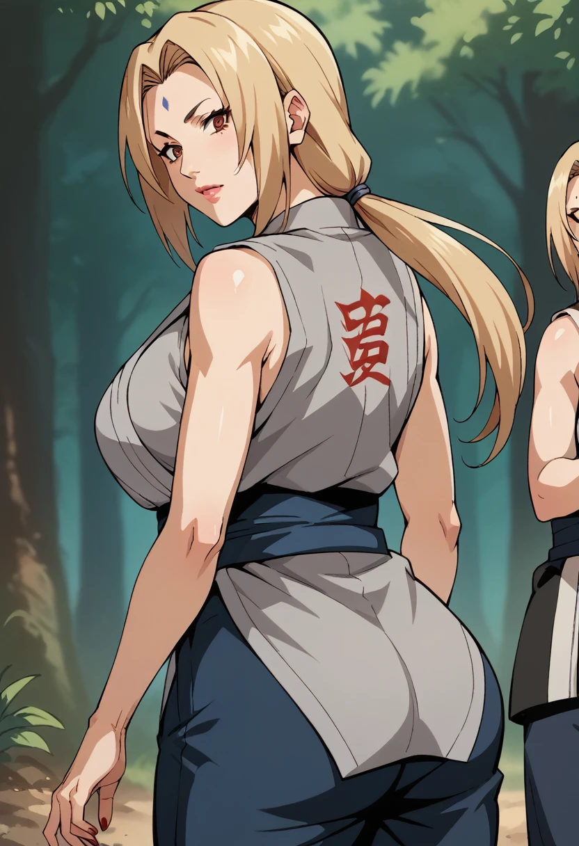 score_9, score_8_up, score_7_up, BREAK, score_9, ChopioTsunade, blonde hair, long hair, low twintails, hair tie, brown eyes, forehead mark, pink lipstick, mature female, large breasts, red nails, outfit_2, grey kimono, sleeveless kimono, collarbone, blue obi, blue pants, looking at viewer, cowboy shot, ass, from behind, forest