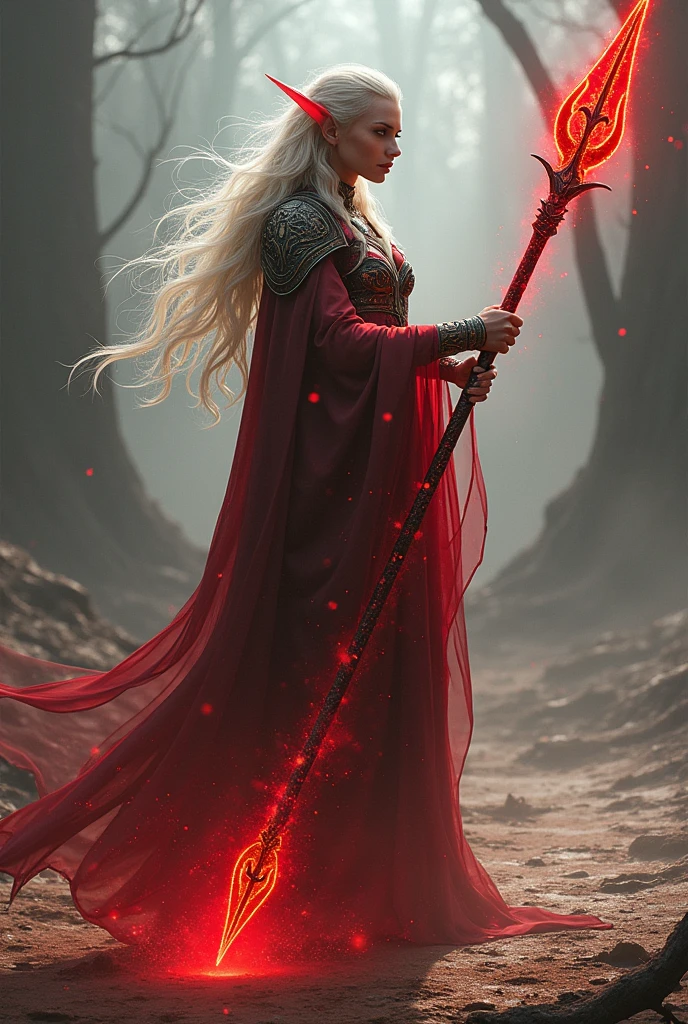 Elf hitting the ground with a spear made of blood