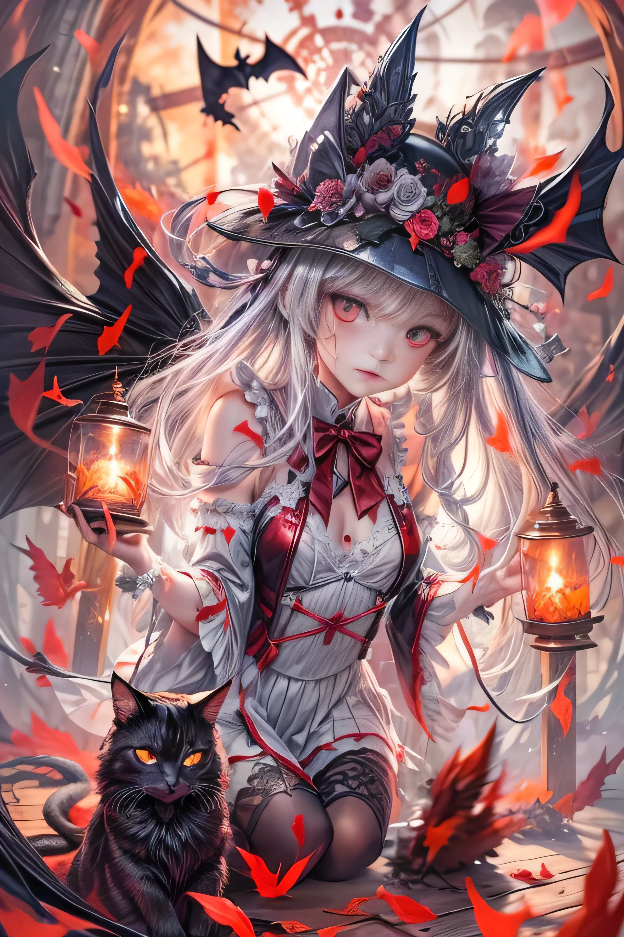 8k.Half Russian and half Japanese、Russian face、beautiful girl、princess、、Small face、Young face、Big eyes、Skinny、Small breasts、(((Silver Hair、Silver Hair)))、With bangs、(((High resolution big beautiful light blue eyes, )))、Long Straight、(((Red ribbon in hair、Floral decoration)))、Partially braided、Japanese school uniform、Gray school uniform、Red bow tie、A girl surrounded by fantastic red flames,(Girl with big bat wings)、2 people、twins、ヴァンパイアのprincess、(Sharp Fangs)(Blood dripping from fangs)、Red flame aura all over the body、((Destroyed Cross))、Open coffin、Control countless red balls of fire、、Halloween Costumes, Pointy hat、Decorated pumpkins with intricate haunted house motifs.black magic、magic circle、((Illuminated shadow of a bat on a cloud))、Old clock tower、fantasy landscape、A red light emanates from her chest and spreads through her veins、Red Flame Fantasy、Halloween Master、(((A glowing red cat with bat wings)))、2Animals、Swarm of bats、central、god々Successfully、Bloody、Horror