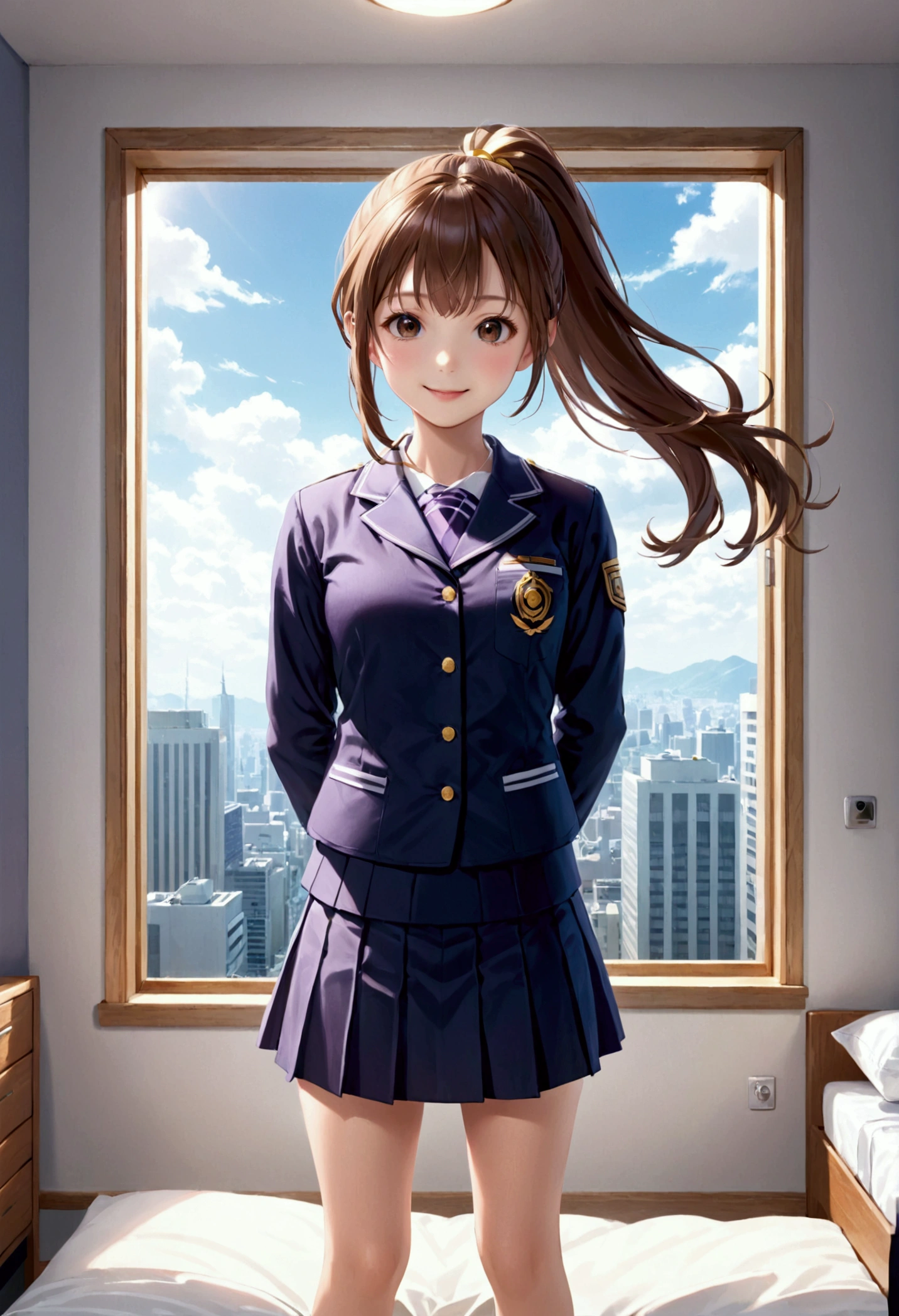Black Eyes, 1 woman, (female)), solo, real, top quality, photorealistic, masterpiece, 8K, HDTV, solo, hdtv face, soft lighting, bedroom, ((daytime)), sky, (looking at camera), (portrait: 0.6), full-body, (medium hair), ponytail, brown hair, floating hair, thin lips, gntle smile, Floating hair, smile, open mouth, teeth, Nogizaka 46, Moeka Tada, Akari Suda, idol, beautiful girl, ((uniform)), (((standing))