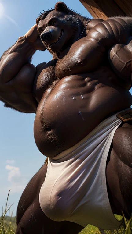 Black bear beastman。
Big muscles。Big Belly。thick limbs。The whole body is covered with black hair.。Hairy。
Loincloth。bulge。Upper body naked。
grassland。sweating。Realistic。Low - Angle。Gentle expression。