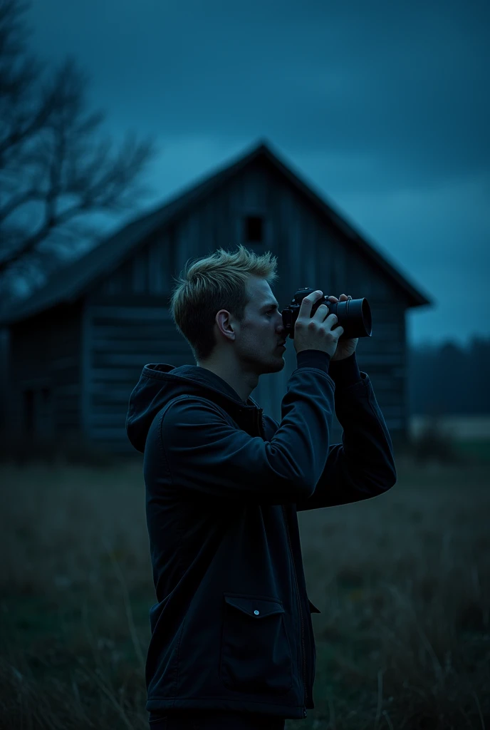In the background an abandoned barn. Blond man in his 29s with a camera. it&#39;s night.