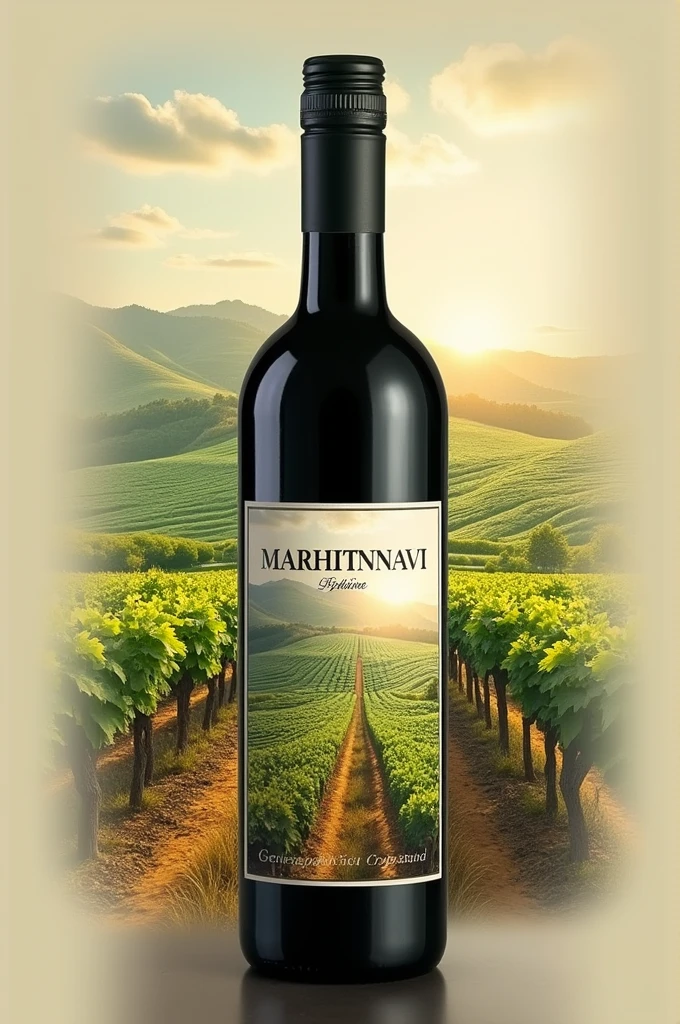 Create only one rectangular wine label with the title in capital letters "MARHIt isNNAVI" That&#39;s the brand, en the label que se vea el paisaje de un viñedo floreciente y hermoso.
I don&#39;t want a wine, solo crea the label, that&#39;s all, the label.
It isn la parte superior puedes poner  "IN.It is.Republic of North Korea", in the middle part put this: members:Beymar Villca, Yhenny Quispe, Grover Arratia, Anahi Castro, Put that as a list 