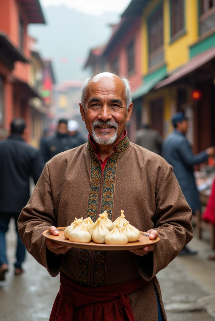 I want to create a typical cultural photo where a male waiter wearing daura sural carrying a momo 