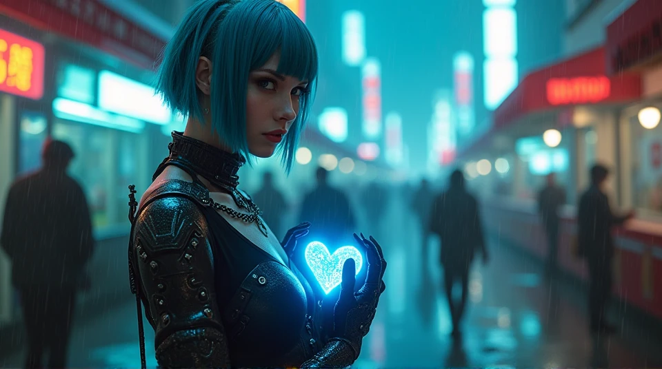 Beautiful gorgeous cyberpunk cyborg woman showing her glowing heart, photo 50 mm, cyberpunk background, blue partially shaved hair, hair bangs, heavy rain in a crowded city