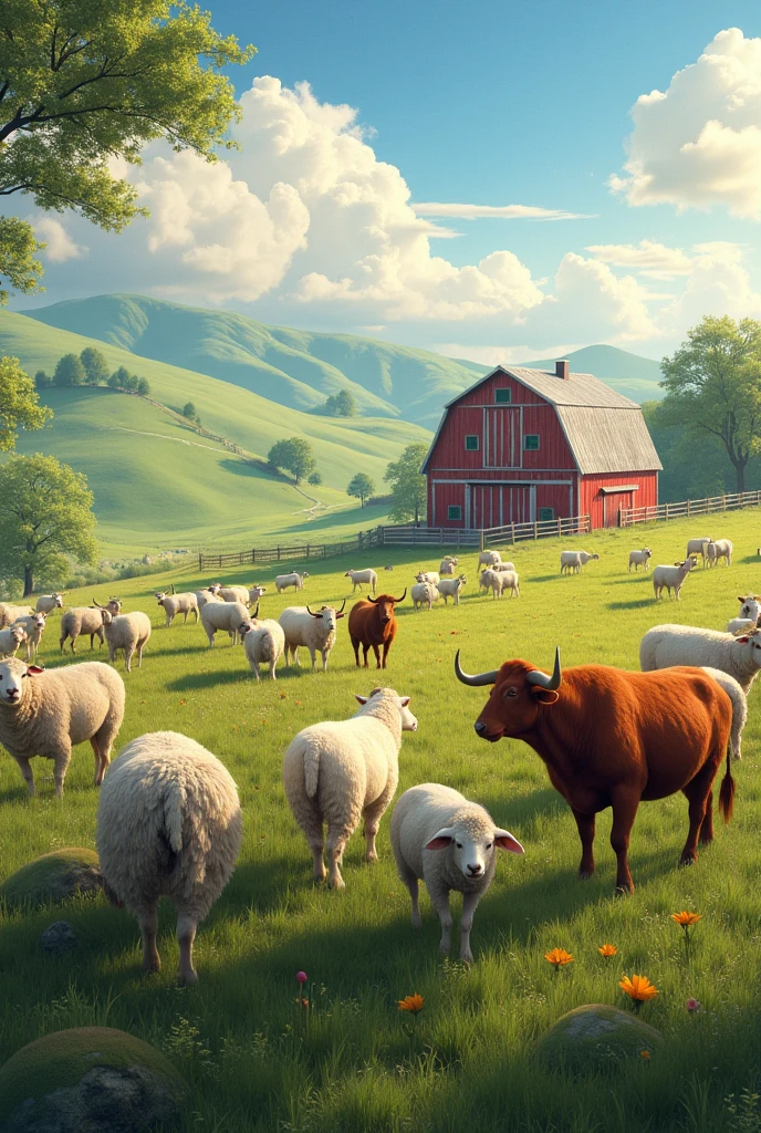 A large farm with sheep and rams and Nelores with a red and white barn