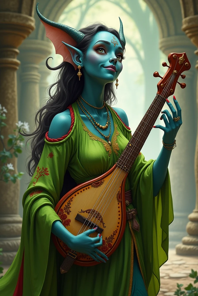 tiefling bardo, playing a lyre, green clothes with red, ash blue skin, cheerful woman, Small ears