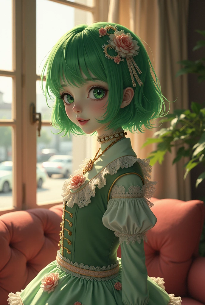 (cowboy shot), sfw, (masterpiece), (best quality:1.0), (ultra highres:1.0), detailed eyes, BREAK , MissMartianYJ, green skin, short hair, 1girl, sweet_lolita, BREAK, (street, indoors, gorgeous view)