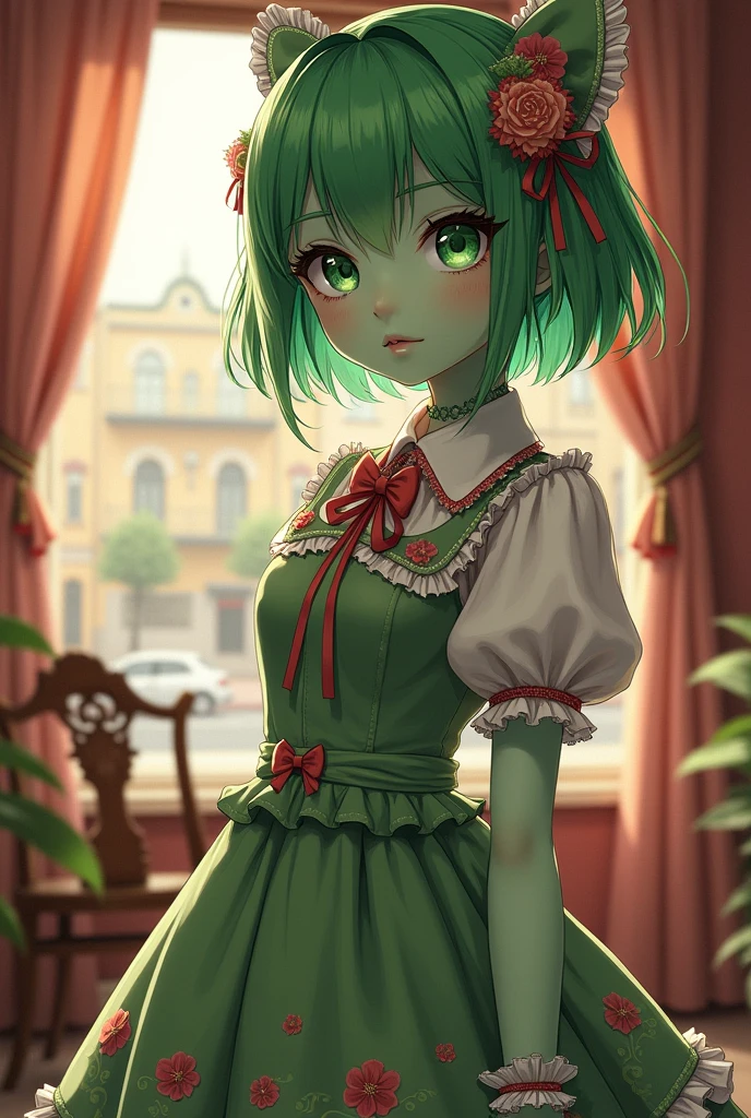 (cowboy shot), SFW, (work of art), (best qualityer:1.0), (ultra high resolution:1.0), detailedeyes, break , MissMartianYJ, greenskin, shorth hair, 1 girl, dolce_Lolita, break, (Street, Inside the house, beautiful view)