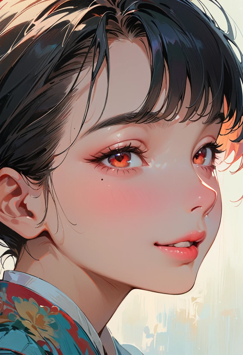 (masterpiece, best quality:1.4), 1 girl, 独奏, Heterochromatic red eyes, Delicate pupils, Blurred eyes, Close your left eye, Smile, Profile,Tilt your head back 45 degrees, , Right tear mole, (Black short hair:1.2), large breasts, Mini Girls, Backlight, Vest, Works by top portrait painters, Black and white gradient background.