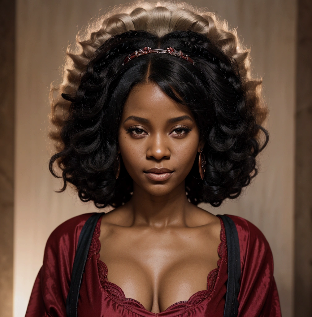 a close up of a woman with a large afro wearing a red dress, detailed character portrait, portrait of ororo munroe, dnd character art portrait, d & d character portrait, portrait of a dnd character, portrait of destiny from sandman, dnd character portrait, fantasy characture portrait, charlie bowater character art, character art portrait, pretty samurai with afro