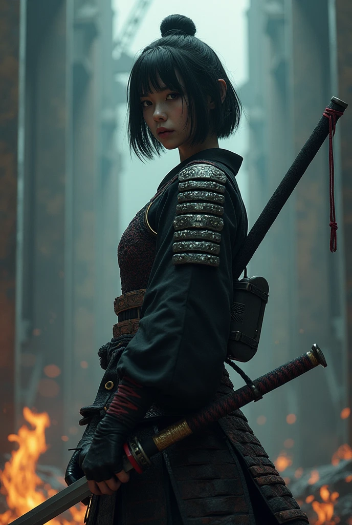 (8k, best quality, masterpiece:1.2), (photorealistic:1.4), RAW photo, best quality, ultra high res, best shadow, (full body:1.4), A short-haired female, japanese armor, Samurai Sword, massive scale stunning environment, horror, dark horror, highly detailed facial features, beautiful and flawless face, perfect eyes
