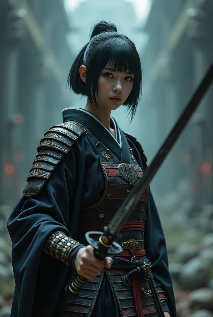 (8k, best quality, masterpiece:1.2), (photorealistic:1.4), RAW photo, best quality, ultra high res, best shadow, (full body:1.4), A short-haired female, japanese armor, Samurai Sword, massive scale stunning environment, horror, dark horror, highly detailed facial features, beautiful and flawless face, perfect eyes