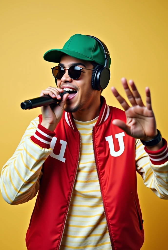 A young man around 19-20 years old wearing a green cap turned backward. He has sunglasses on, is wearing headphones, and is holding a microphone close to his mouth with one hand, while the other hand is placed on the headphone over his ear. He is dressed in a long-sleeved, white and yellow striped shirt with a red vest over it. The vest has a large white letter 'U' in the middle. The image captures the young man in a dynamic, energetic pose, giving off a vibe of excitement and enthusiasm