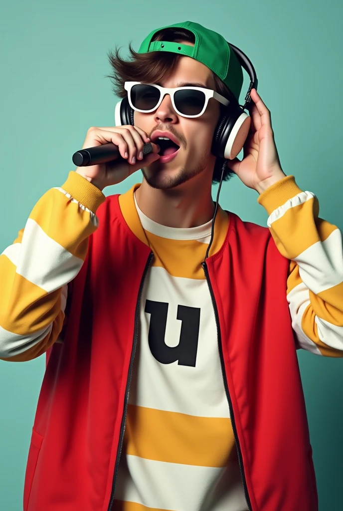 A young man around 19-20 years old wearing a green cap turned backward. He has sunglasses on, is wearing headphones, and is holding a microphone close to his mouth with one hand, while the other hand is placed on the headphone over his ear. He is dressed in a long-sleeved, white and yellow striped shirt with a red vest over it. The vest has a large white letter 'U' in the middle. The image captures the young man in a dynamic, energetic pose, giving off a vibe of excitement and enthusiasm