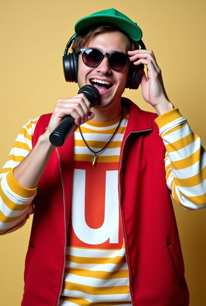 A young man around 19-20 years old wearing a green cap turned backward. He has sunglasses on, is wearing headphones, and is holding a microphone close to his mouth with one hand, while the other hand is placed on the headphone over his ear. He is dressed in a long-sleeved, white and yellow striped shirt with a red vest over it. The vest has a large white letter 'U' in the middle. The image captures the young man in a dynamic, energetic pose, giving off a vibe of excitement and enthusiasm