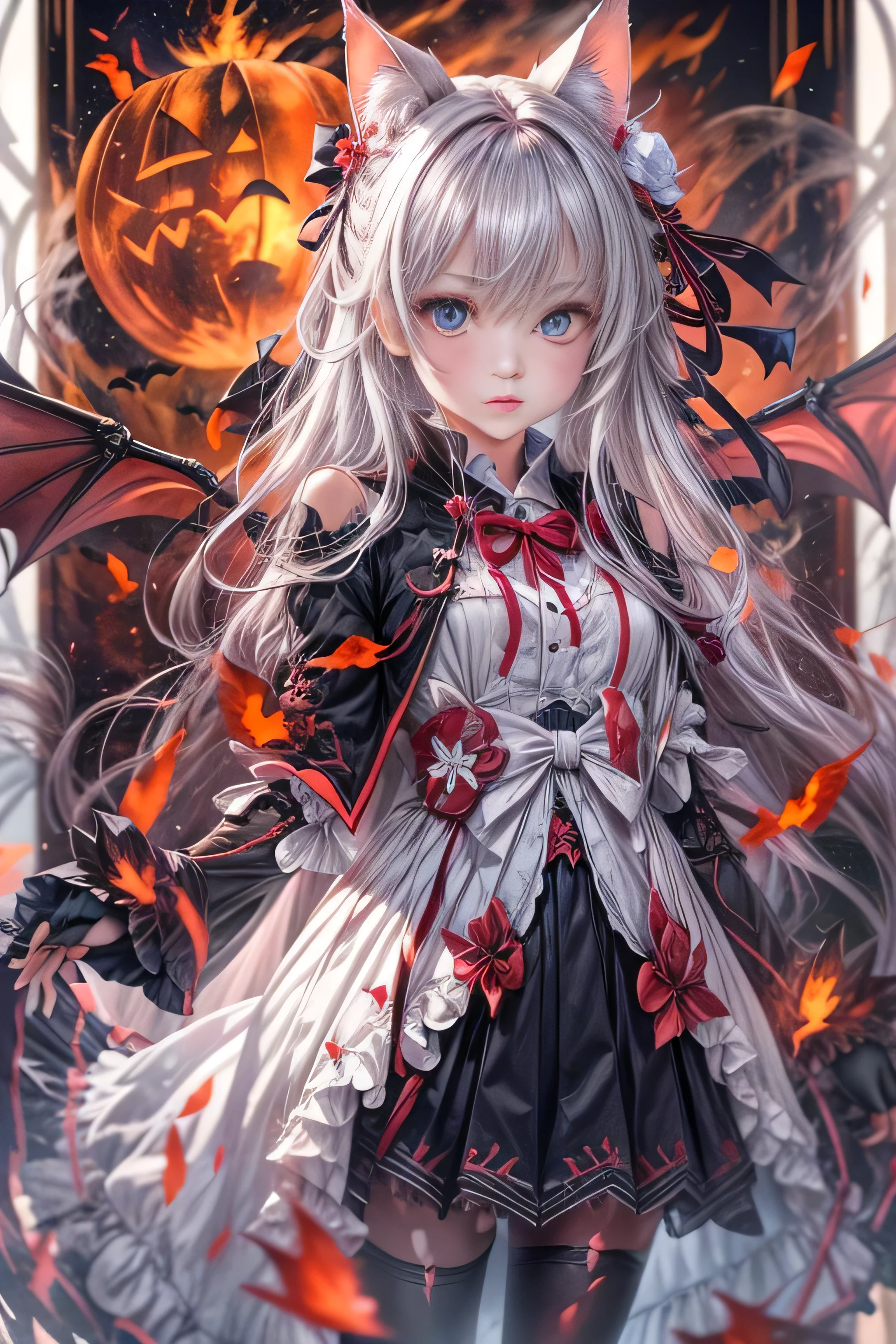 8k.Half Russian and half Japanese、Russian face、beautiful girl、princess、、Small face、Young face、Big eyes、Skinny、Small breasts、(((Silver Hair、Silver Hair)))、With bangs、(((High resolution big beautiful light blue eyes, )))、Long Straight、(((Red ribbon in hair、Floral decoration)))、Partially braided、Japanese school uniform、Gray school uniform、Red bow tie、A girl surrounded by fantastic red flames,(Girl with big bat wings)、2 people、twins、ヴァンパイアのprincess、(Sharp Fangs)(Blood dripping from fangs)、Red flame aura all over the body、((Destroyed Cross))、Open coffin、Control countless red balls of fire、、Halloween Costumes, Pointy hat、Decorated pumpkins with intricate haunted house motifs.black magic、magic circle、((Illuminated shadow of a bat on a cloud))、Old clock tower、fantasy landscape、A red light emanates from her chest and spreads through her veins、Red Flame Fantasy、Halloween Master、(((A glowing red cat with bat wings)))、2Animals、Swarm of bats、central、god々Successfully、Bloody、Horror