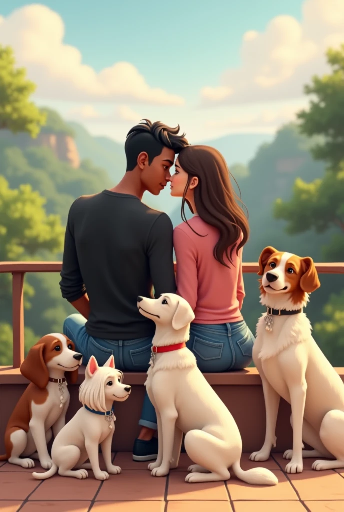 an animated image showing a tall young man, delgado, strong, moreno, black hair, dressed in jeans and a long-sleeved black shirt, to a young woman, long brown hair, short stature, slim, White skin, dressed in jeans and a pink shirt,sitting on a viewing platform accompanied by a white French poodle, small size, a medium-sized long-haired Maltese dog and a large-sized white female dog with brown spots on her back and brown ears