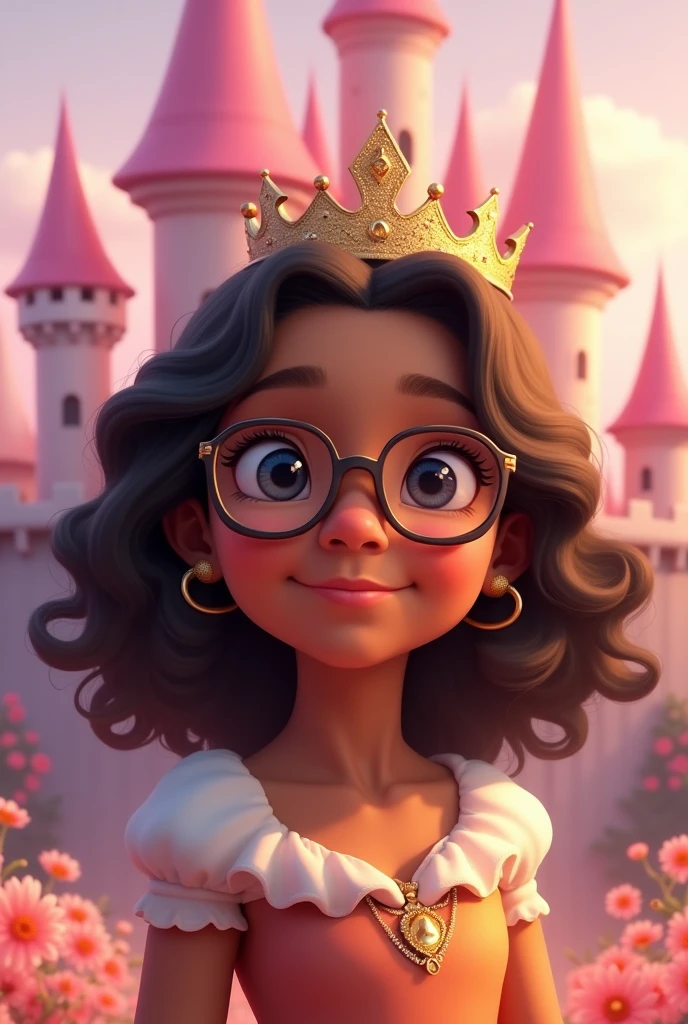 Little princess, full body image, , pink dress with flared skirt to the floor, wears glasses and a crown, eyes browns, brown skin, smiling, shoulder length hair, curly and dark brown, in the background landscape pink castle


