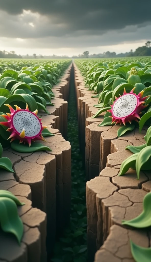 Create realistic images  A vibrant dragon fruit field is shown, with many ripe dragon fruits hidden among the green foliage. In the center, a deep crack runs through the ground, revealing dry, cracked earth. The sky above is slightly overcast, adding a dramatic touch to the scene.