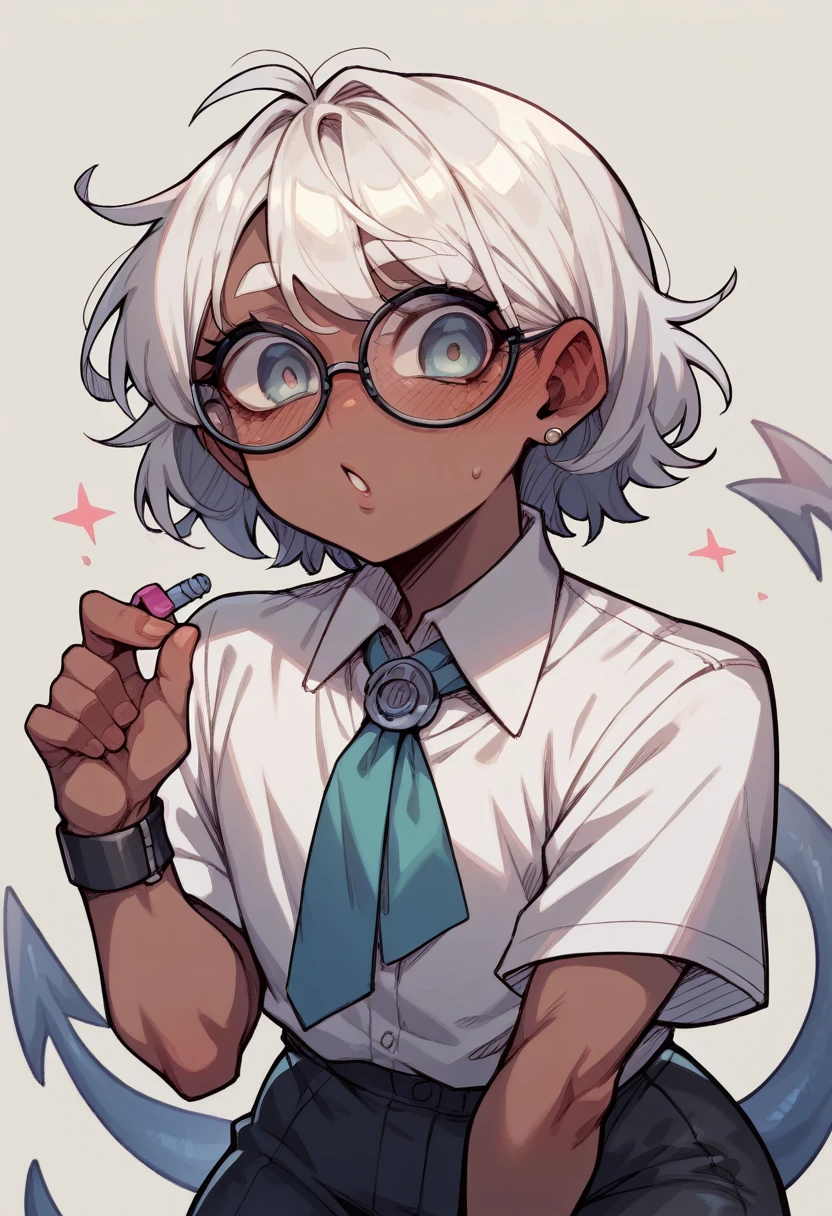 femboy,WITH GLASSES, wearing light clothing, Korean hair of a specific color ,cartoonized,darkskin, incompatible eyelashes.