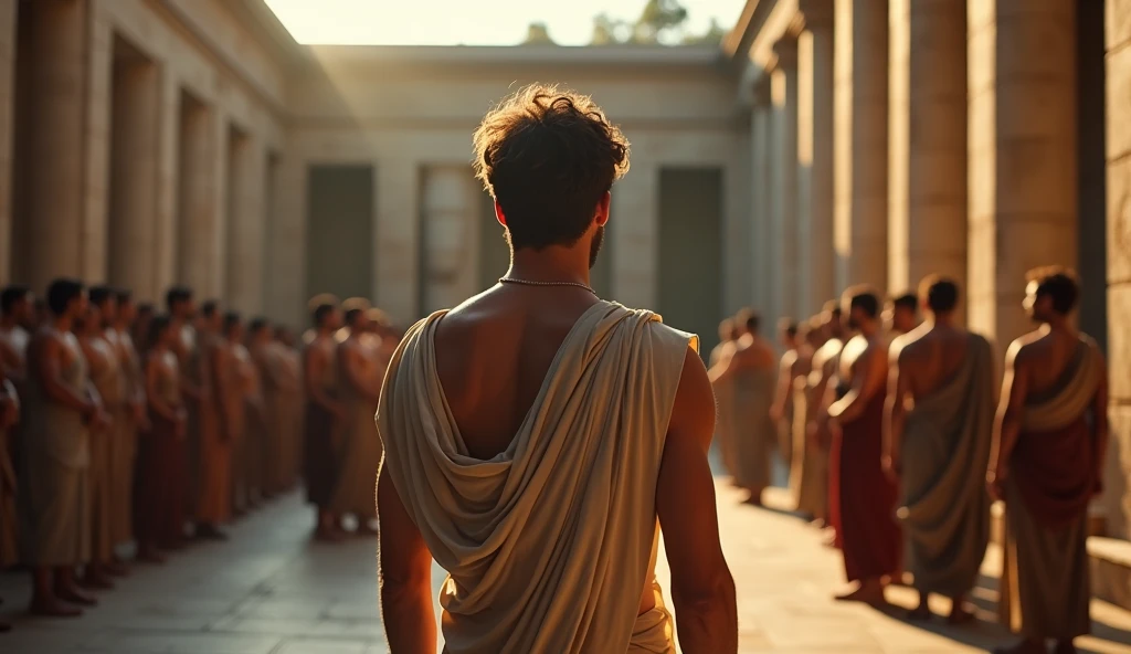 **Visual Prompt:**
**Action:** The male stoic philosopher stands in a quiet Roman courtyard at dusk, speaking to a small group of followers. His well-proportioned and attractive physique is highlighted by a slightly transparent tunic, subtly revealing part of his chest and shoulder. His bronzed skin glows under the warm, fading light, while his very short, well-groomed beard and wavy, well-stylized hair frame his contemplative expression. He gazes intently at his audience, holding up a hand as if making a crucial point. The group listens, but their expressions are blank and unchallenging, reflecting empty loyalty without honesty.
**Cinematic Details:** The scene is shot with a Canon EOS R5, Sigma 50mm f/1.4 DG HSM Art Lens, using an 85mm lens. The philosopher is captured in 8K resolution with cinematic detail and Octane render, with the focus on the subtle tension between his commanding presence and the passive faces of his followers. The lighting is soft, with the sun setting behind the marble columns, casting long shadows that add a sense of unease to the scene. The camera gradually zooms in on the philosopher's face, highlighting the realization that loyalty without honesty is hollow and unhelpful.