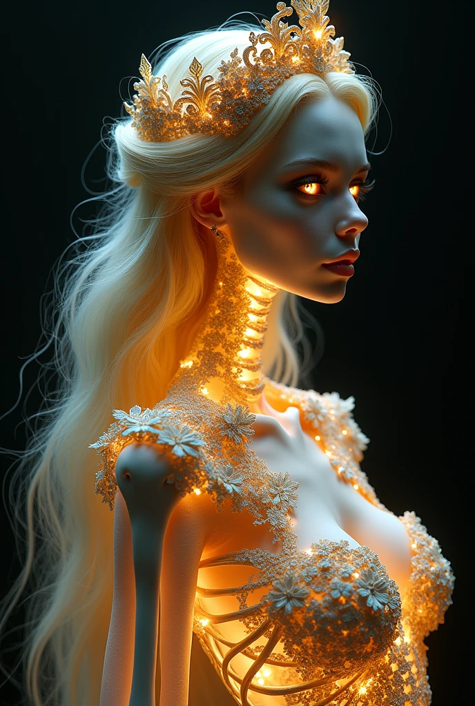 (skeleton like:0.4), ((female ornated princess)), (with long, flowing blonde hair), (beautiful bright eyes), trends on ArtStation, flowers of hope by Jean-Honor Fragonard, Peter mohrbacher, hyper detailled, insane details, splendid, intrikate, elite, art nouveau, ornated, liquid wax, chic, extravagant, luxury, Greg Rutkowski, InkStyle, sticker, vectorial art, Beautiful character design, double exposure photo, luminous design, awardwinning, work of art, amoled black background, (full torso),