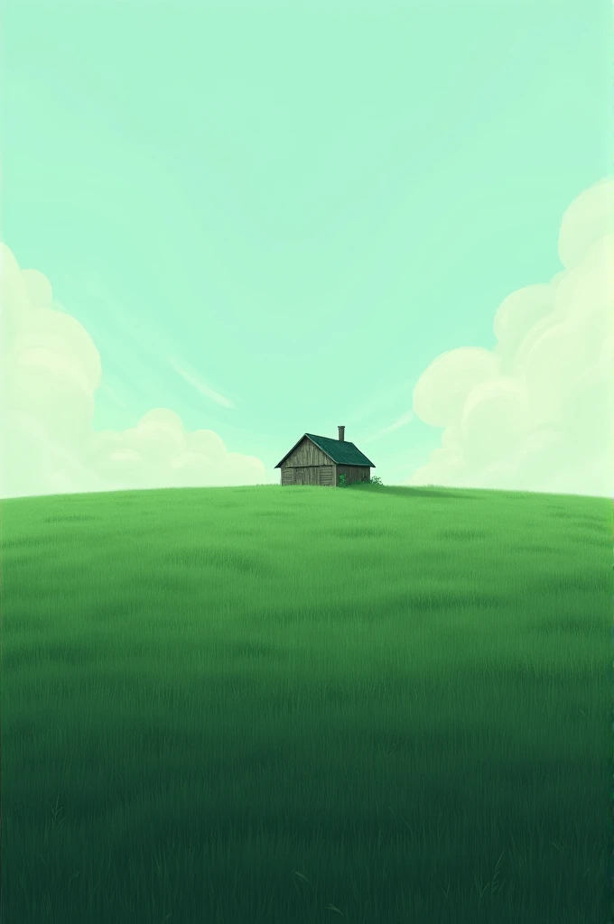 create a dreamcore image of a large green field and a simple house at the end of the horizon