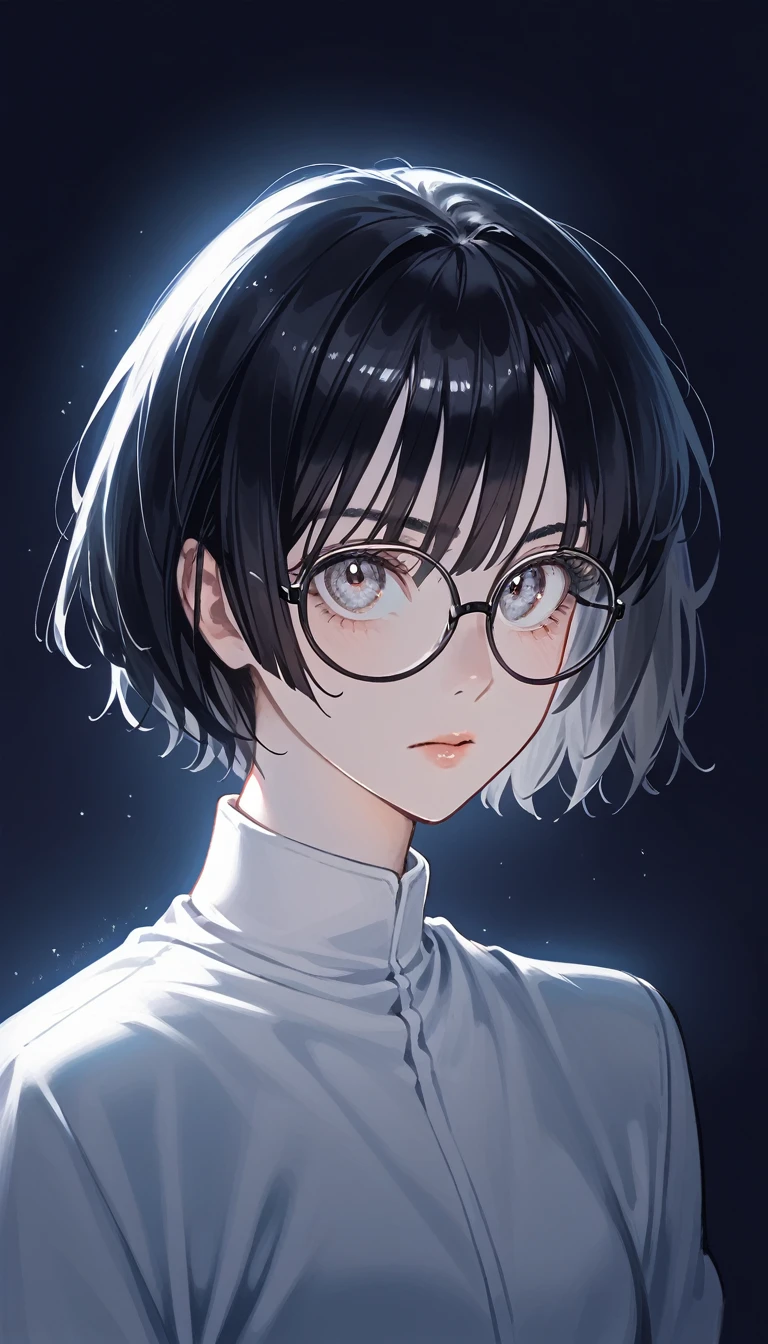 (RAW photo, best quality), (realistic, photo-realistic:1.2), 1girl, high quality, (high detailed skin:1.4), puffy eyes, glasses, gorgeous hair,  (dark room:1.3), (rim lighting:1.3), (dimly lit:1.3), (dark night:1.3), indoors, portrait, black hair, dark background, short hair,  