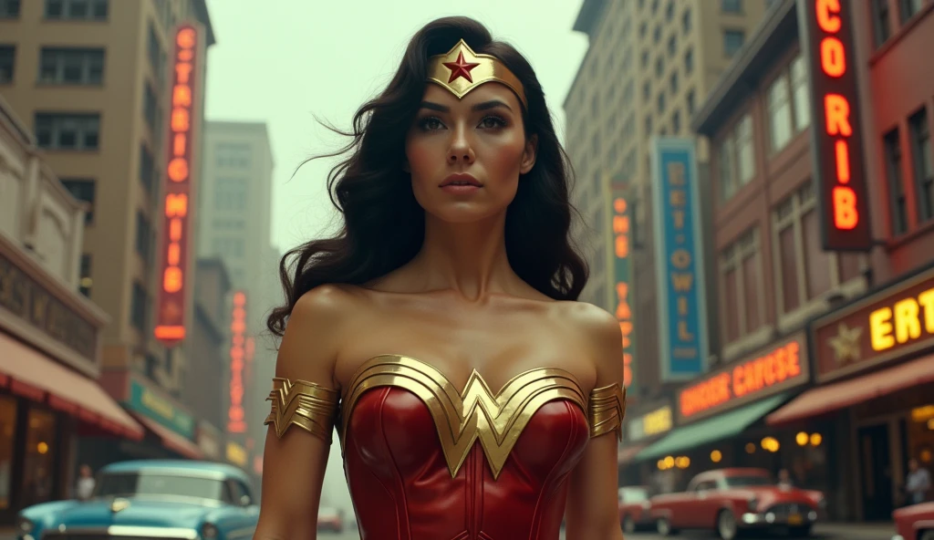 Screengrab of 1950's Super Panavision 70 movie. Retro in color. Wonder woman wearing costume in city.