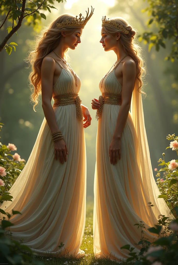 nymph Hera talking to goddess Hera, full body image,BOTH ARE WOMEN