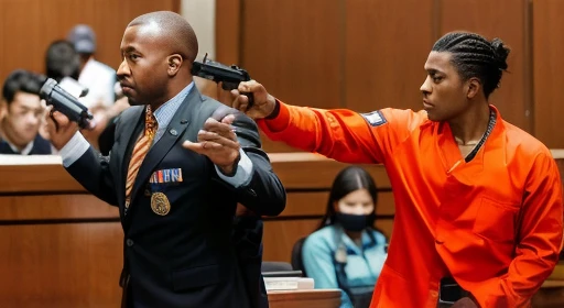 there is a black man with black curve hair wearing orange prison jumpsuit, pointing a gun to a white American businessman wearing suit and raising its hand, black man holding a gun, courtroom scene, defense attorney, sakuga gunplay, photo illustration, court session images, in a courtroom, murder, courtroom drawing, sakuga mad gunplay, unarmed combat, in court, gunfire, , viral photo, murderous, courtroom sketch, gun fight, realistic image, 16k resolution, same detailed, white American attorney raising its two hands