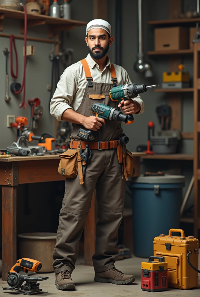 A young muslim Electrician man with professional power tools