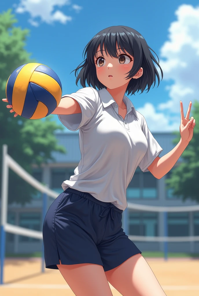 Short black haired teenage girl in PE school uniform playing volleyball