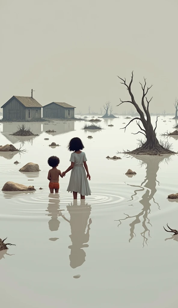 Flooded forests and houses.  There are clothes, dishes, various useful items, dead cows, goats, dead children in the water.