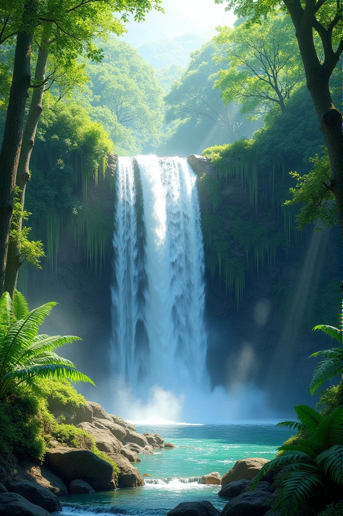 Perfect waterfall surrounded by beautiful green vegetation 