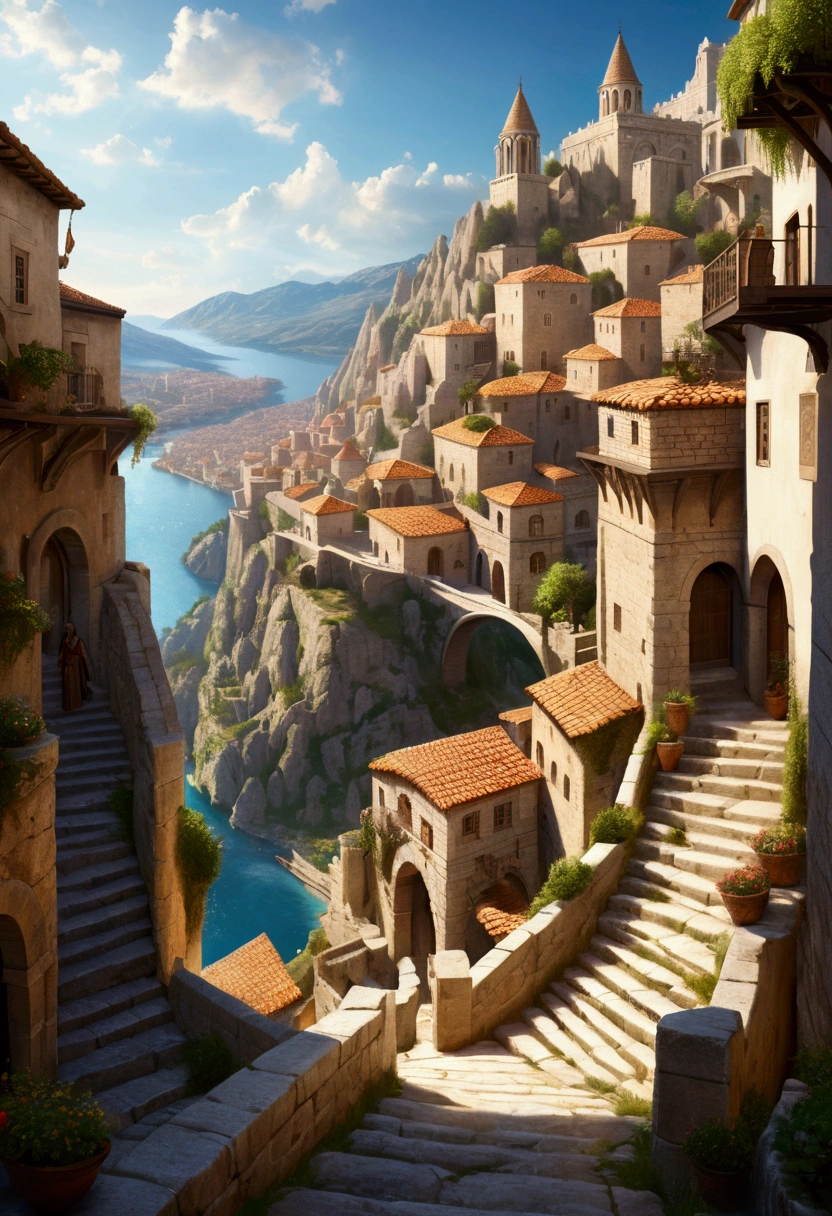 beautiful medieval fantasy city on top of a mountain, ancient greek roman architecture, steps, staircases, alleyways, streets, people, markets, houses, palaces, small castles, bridges between mountains, a huge draconic temple in the middle of the town, white stones, clear open sky, radiant sun, some goblins walking around, eagles, merchants, extremely detailed, high resolution, photorealistic, dramatic lighting, warm colors, intricate details, epic scale, breathtaking landscape, awe-inspiring, 8k, use sofisticated artistic skills to give life to this marvelous image