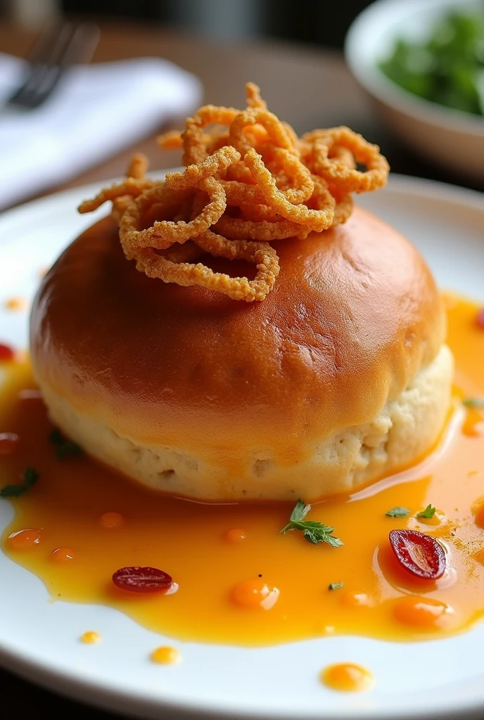 perfect photo of a bread with pork rinds according to the Peruvian recipe with sweet potato and white onion Creole sauce, served on a plate
