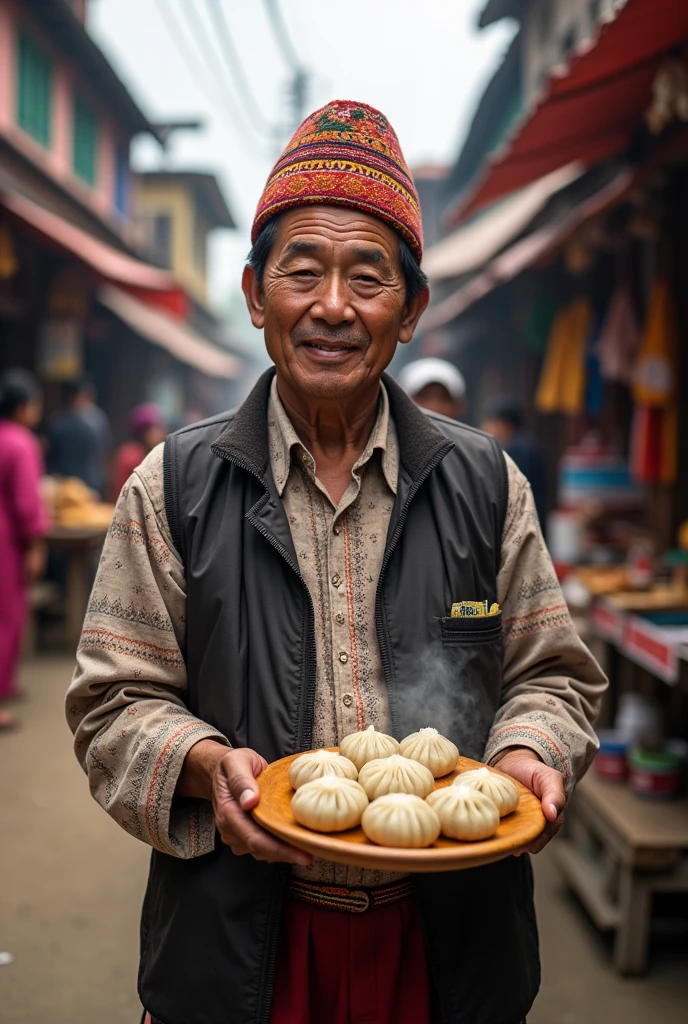 I want to create a typical cultural photo where a male  wearing daura sural and dhaka topi and carrying a momo in a wooden plate 