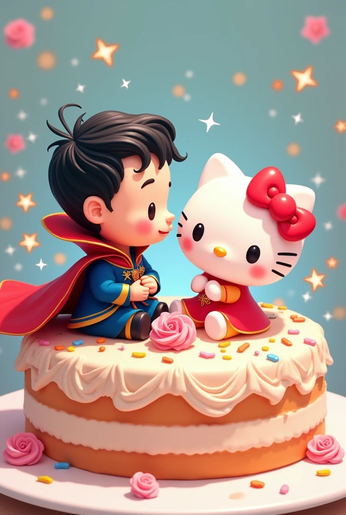 Image of mini cake with Dr. design. Marvel&#39;s Strange and Hello Kitty in love, kawaii version