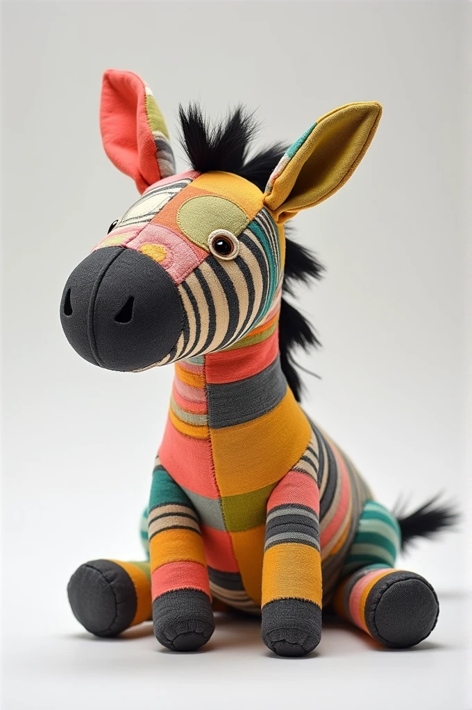 Produck design, a zebra toy plushie made From patterned patchwork,  