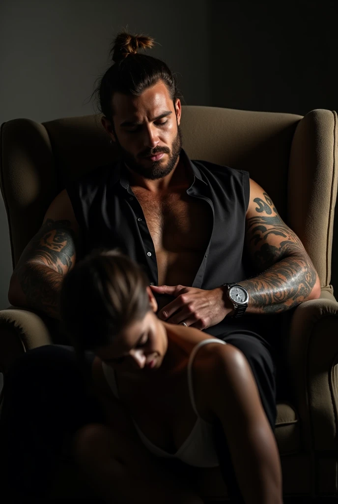 On a cloudy afternoon, inside the house, a beautiful couple, a man with a toned physique and a beautiful blonde woman, sit in silence on the sofa. She holds an old photo, eyes teary with the sadness of the unspoken words. the man with his hands clasped, faces the ground, guilty of the fights and lack of communication, and the woman with a sad and hurt look. Both are hurt, trapped in thoughts that push them further and further apart. Love still lives there, but hidden behind accumulated sorrows. The silence is deafening, a barrier that seems impossible to overcome. Despite being together, they feel increasingly distant from each other.