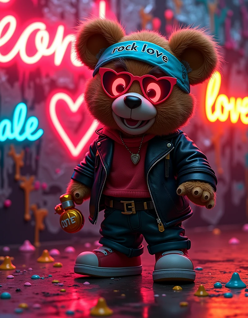:: background splash pain, neon graffiti background with hearts, rock star black leather and red cloth, dark neon graffiti mode bear on the background neon red heart and metallic foil wall:: photo of 1 toy bear full body with fashion aqua blu bandana polka dot head band with letters on it ROCK LOVE words ):: BEAR LOVE::, black mirror purple VR mask blue neon glow snowboard glasses and pink fur fur glow and golden green, mouth is closing ,hug ( neon glow my LOVE neon glow word :: ) with two red heart circle eyes in a style in mood and happy smiling with teeth smile wearing a black VR red hair and a slash yellow glow on the bear glow, background with neon soap bubble word GLOW:, neon glow heart inside of the heart is the word ::( LOVE glow ) :: word, Y2K fashion, font graffiti words hug HUG Me style, hyper detailed 35 mm shot