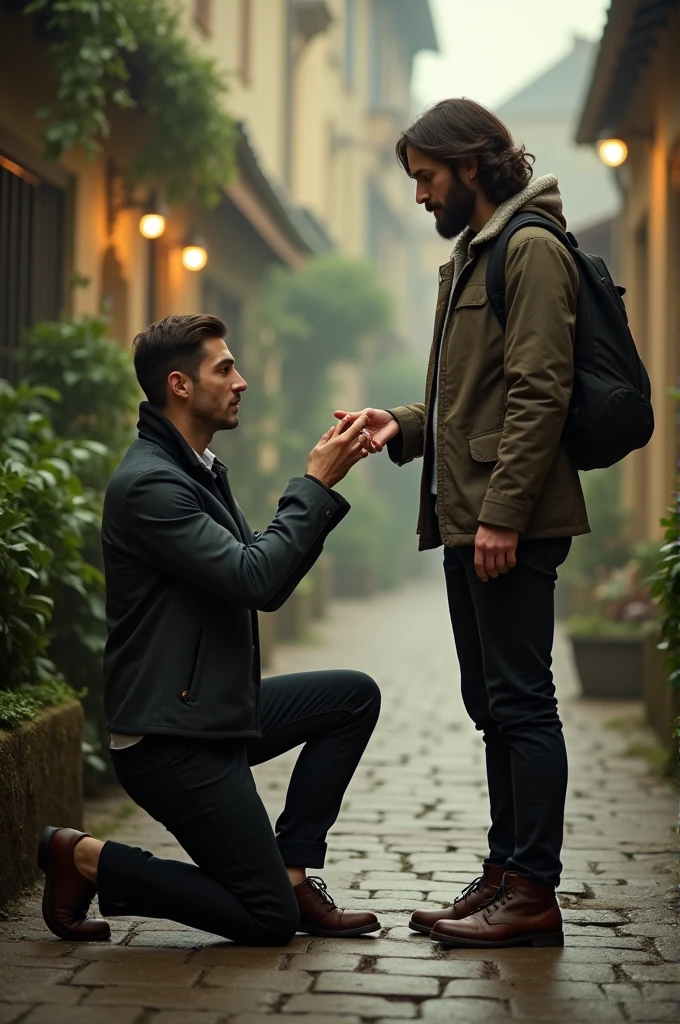 A man asking a woman to marry him,and his friend with no facial expressions with a bullet in his hand