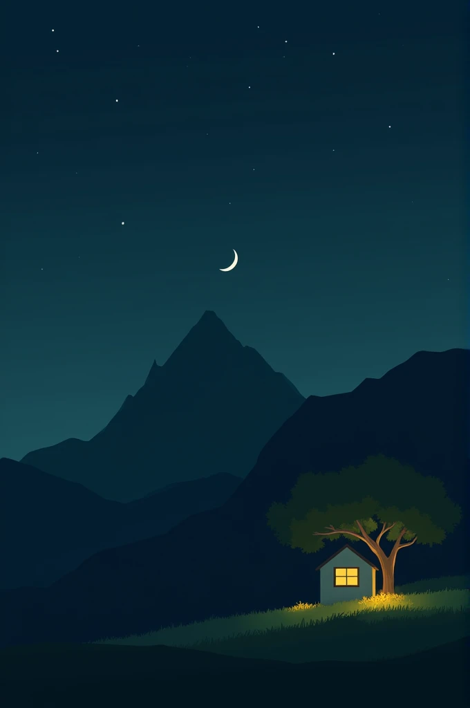 minimalist, serene night scene featuring a solitary small house with warm light emanating from its windows, nestled beneath a large, lush tree on a grassy hill. In the background, a towering mountain looms, its peak gently illuminated by the soft glow of a crescent moon in the dark, starless sky. The scene exudes a peaceful and tranquil ambiance, with subtle contrast between the dark surroundings and the illuminated elements, evoking a sense of solitude and harmony with nature."