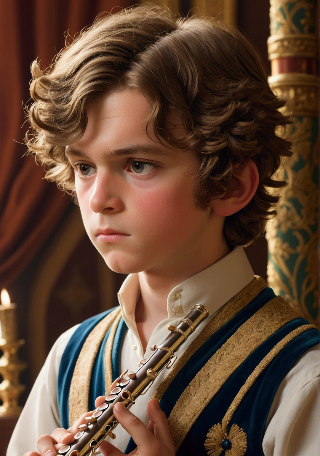 A close-up view of young Frederick's face as he concentrates on playing a flute. His delicate features are framed by soft lighting, reflecting his innocence and intelligence. The background hints at a royal study room with warm tones and intricate details.