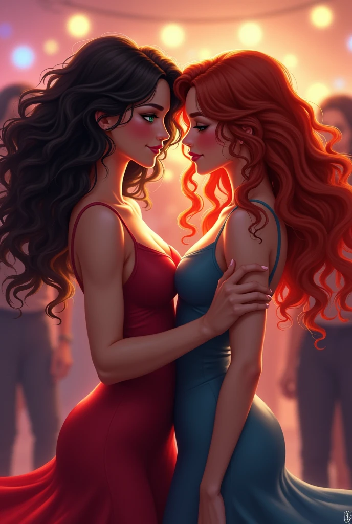 A brunette girl, with green eyes and curly hair and a red-haired girl with long hair, blue eyes danced at a party in very tight dresses